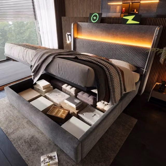 Letto contenitore Mivray in lino grigio con testiera alta, illuminazione LED, porte USB e Type-C, L/P: 180 x 200 cm