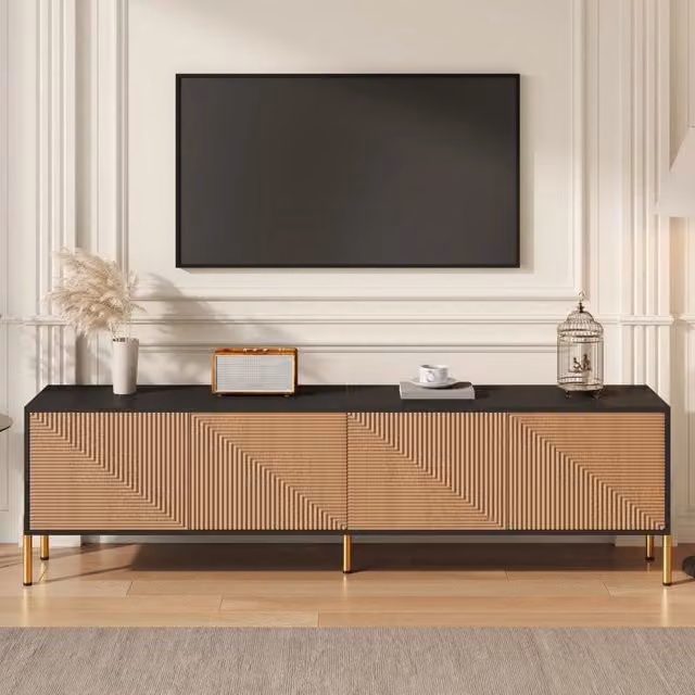 Mobile TV a pannello basso Xylo bicolore nero e oro in legno e metallo, L: 179 cm, P: 35 cm, H: 53,5 cm