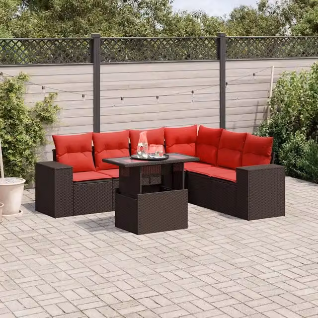 Set Divani da Giardino 7 pz con Cuscini Marrone in Polyrattan 3269194