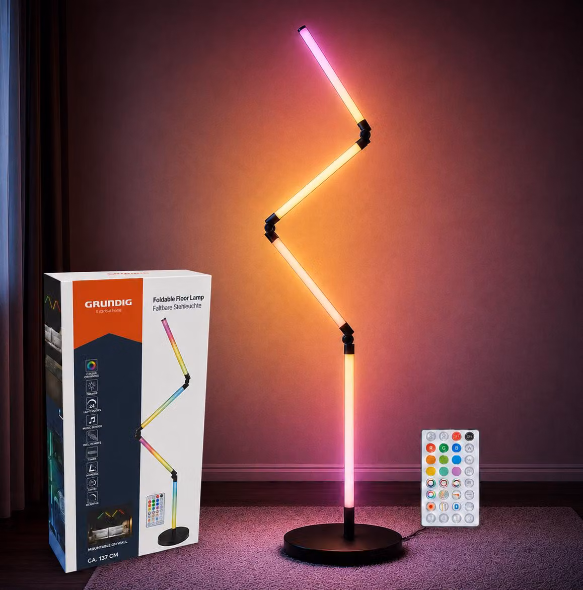 Lampada da terra a LED Grundig - Lampada da terra a LED per soggiorno con 24 modalità di illuminazione e sensore musicale - Lampada da terra RGB dimmerabile con telecomando - Lampada angolare da soggiorno pieghevole - 137 cm - Nero
