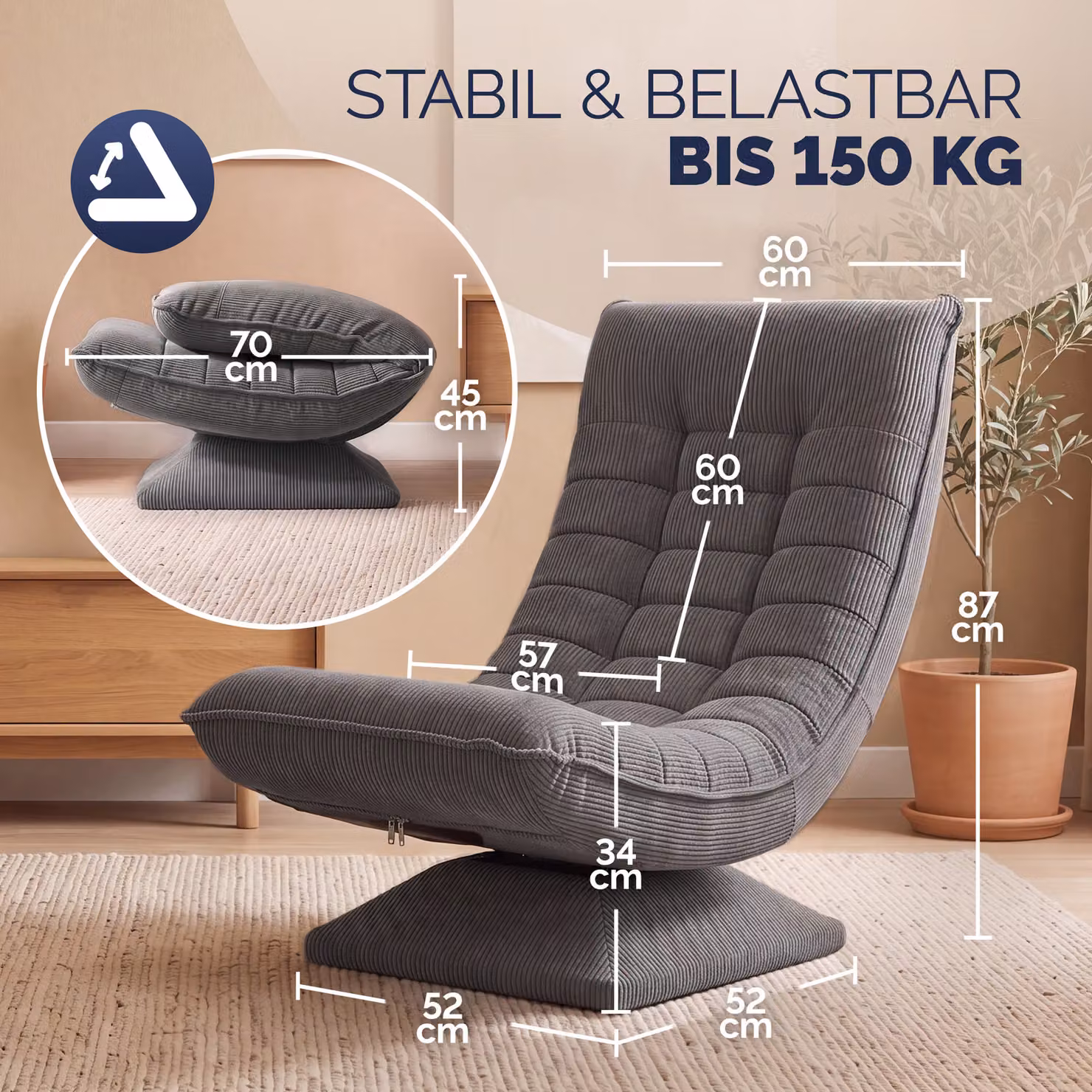 Poltrona relax Aberdeen Casaria grigia in velluto a coste, girevole a 360° e regolabile in 5 posizioni con struttura in metallo – 3