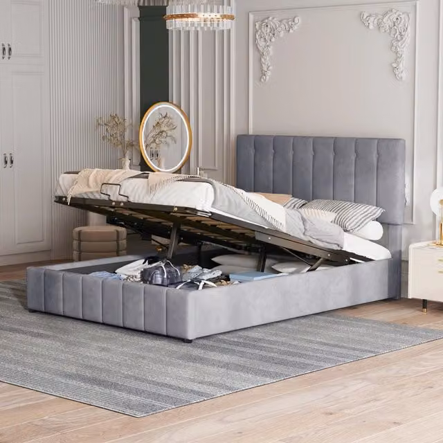 Letto imbottito 203x140x106 cm con contenitore idraulico; rete a doghe in metallo; velluto grigio
