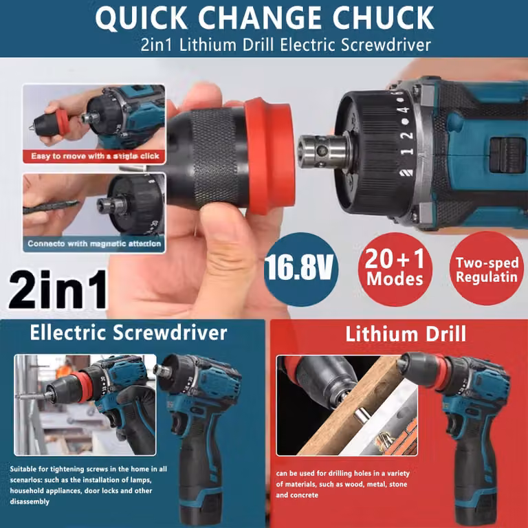 Trapano avvitatore a batteria 2-in-1 - Senza fili - Motore brushless - Coppia di 55 Nm - 16,8 V - 2 batterie - Colore blu