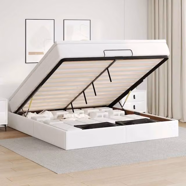 Struttura Letto Pouf con Materasso Bianco 180x200 cm Similpelle 3311052