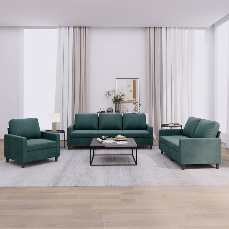 Set di Divani 3 pz con Cuscini Verde scuro in Velluto