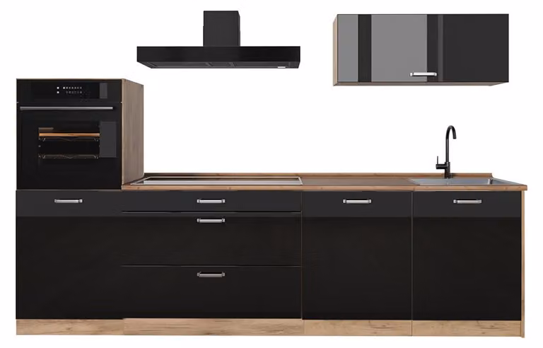 Cucina componibile Vicco R-Line Nero lucido/Rovere dorato 280 cm senza piano di lavoro, Model 66492