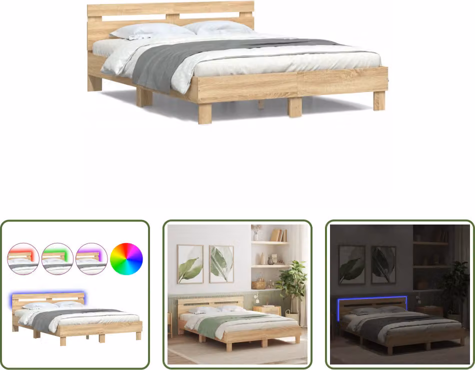 The Living Store Giroletto con testiera Illuminazione LED Rovere Sonoma 140x200cm