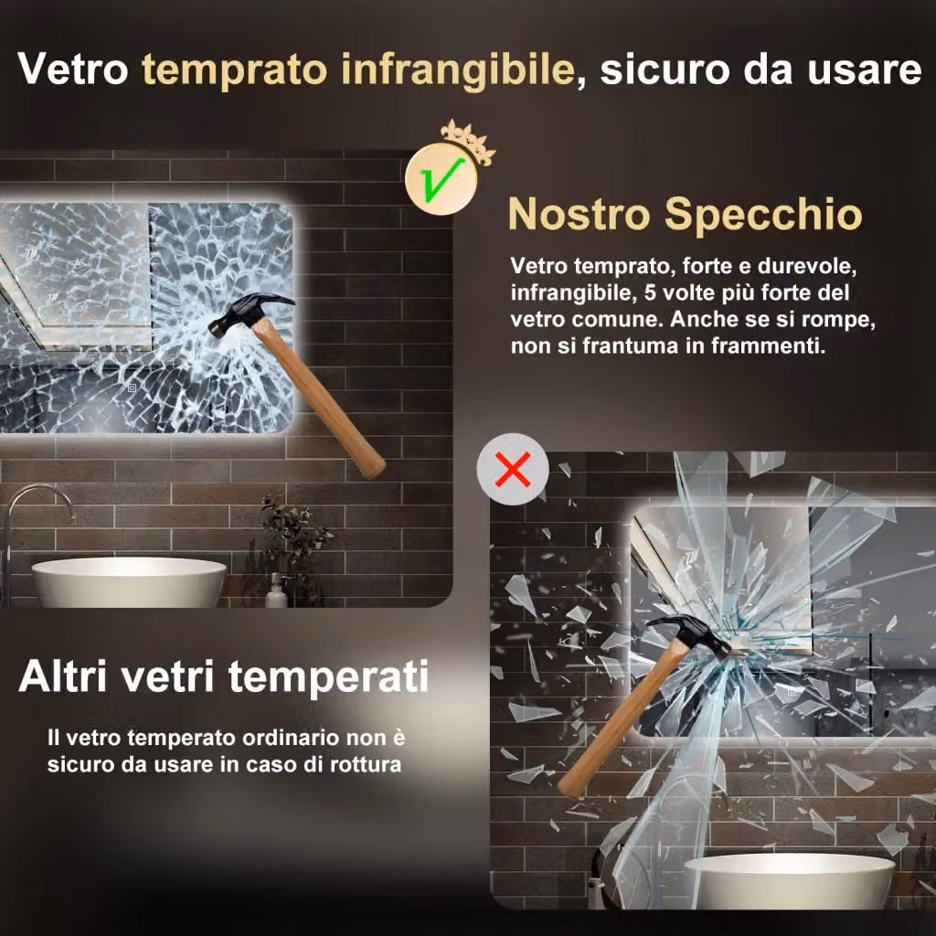 Specchio rettangolare Aica Italy con luce LED dimmerabile e comando touch, Bianco, L: 80 cm, H: 60 cm – 2