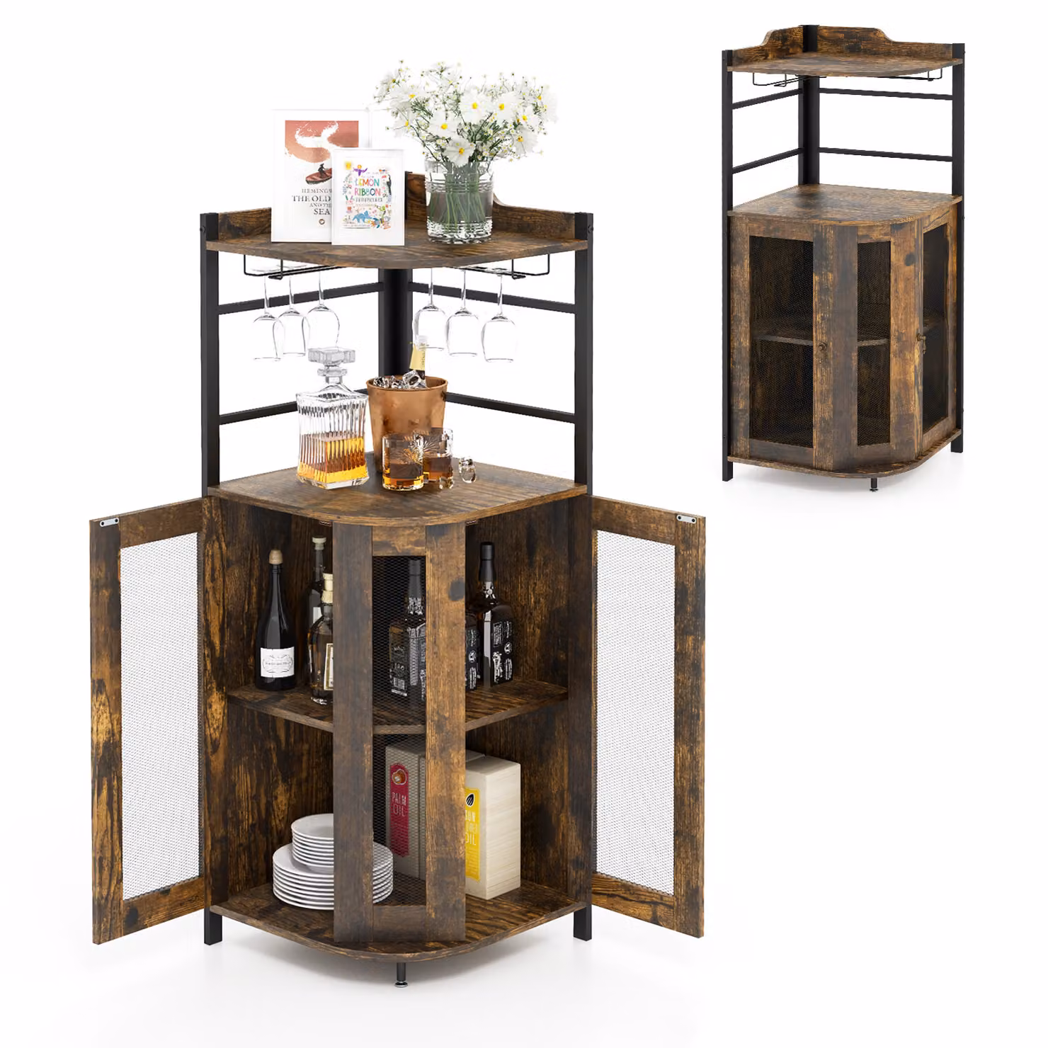 KOMFOTTEU Mobile bar con ripiano regolabile, mobile angolare in legno con portabicchieri e ante a griglia in metallo, mobile bar angolare per cucina, soggiorno, sala da pranzo, 46 x 46 x 130 cm (marrone)