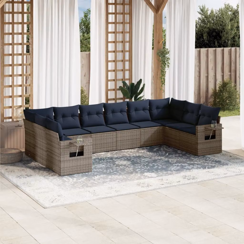 Set di divani da giardino vidaXL in polyrattan grigio con cuscini e struttura in metallo per esterno