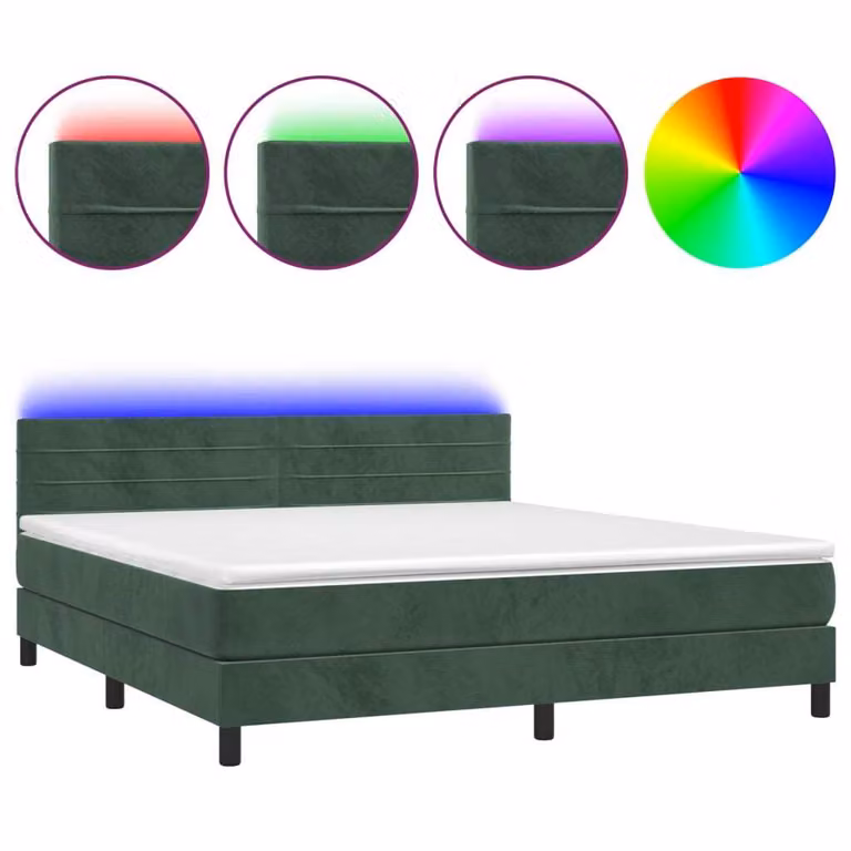 Letto a Molle con Materasso e LED Verde Scuro 180x200cm Velluto