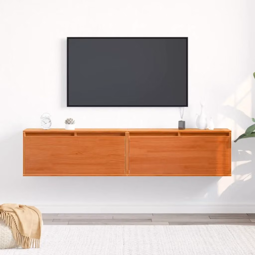 Set di 2 Armadietti a Muro in Legno di Pino Marrone Cerato con Ante a Battente e Ripiani Interni L: 80 cm, P: 30 cm, H: 35 cm – 2