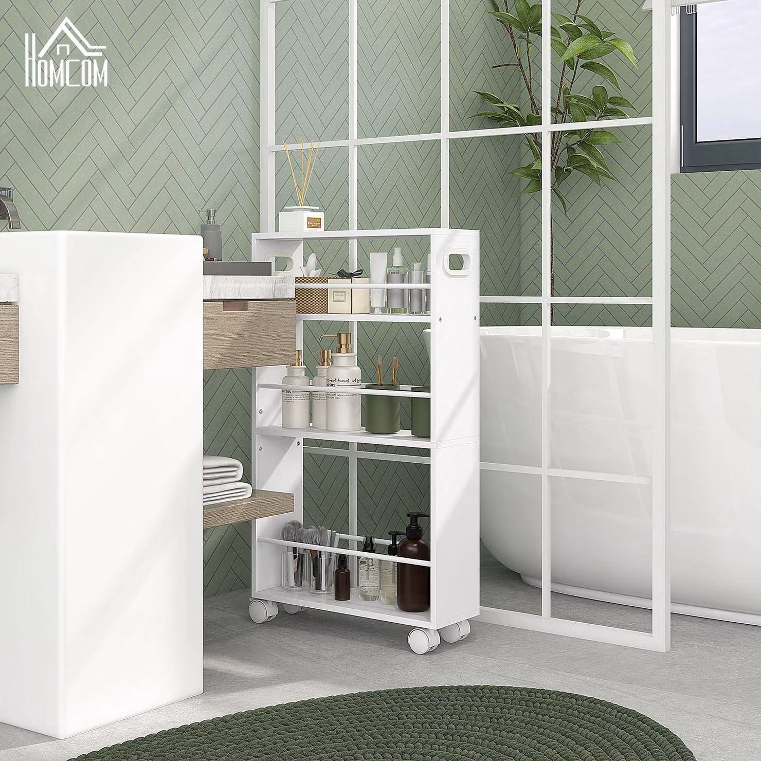 Carrello salvaspazio HOMCOM per cucina e bagno a 3 livelli con barre laterali e ruote con freni, Bianco, L 45 cm x P 15 cm x H 80 cm – 2