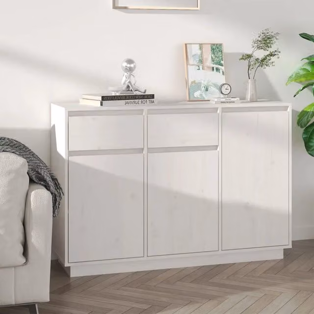 Credenza bianca in legno massello di pino vidaXL L: 110 cm, P: 34 cm, H: 75 cm