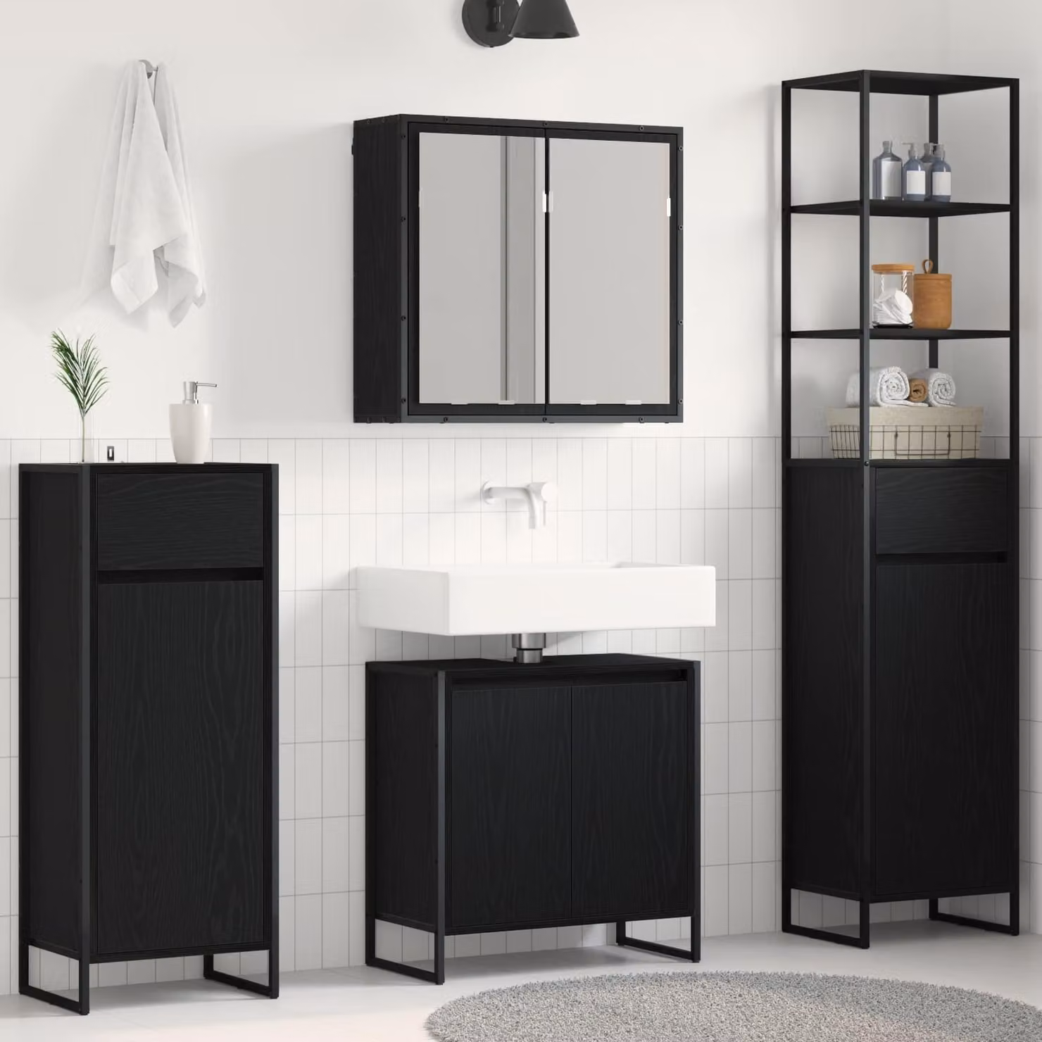 Set di mobili per il bagno moderno vidaXL in legno e metallo nero con armadietto specchio e mobile lavabo con illuminazione LED – 1