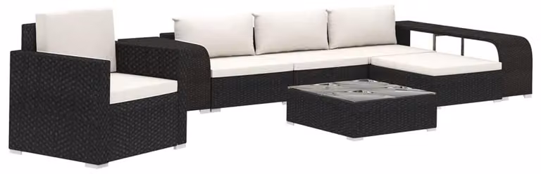 set 8 pezzi da giardino con cuscini in poly rattan nero
