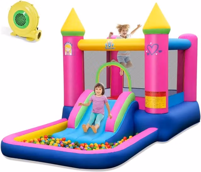 Castello gonfiabile 4-in-1 a tema principessa con scivolo, casa da salto e piscina per palline per bambini, multicolore, L: 363 cm x P: 205 cm x H: 202 cm – 1