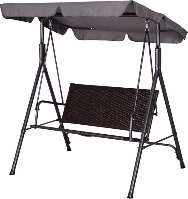 Dondolo da Giardino a 2 Posti Giordanoshop con Tettuccio Regolabile in Metallo e Rattan PE, Colore Marrone, Grigio e Nero, L/P/H: 140 x 110 x 151 cm