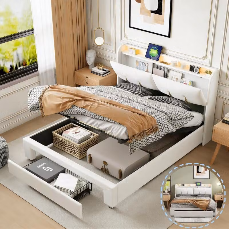 Letto imbottito INONEFT 160x200 cm con LED e USB, contenitore con sistema idraulico, tessuto velluto, letto matrimoniale contenitore, letto multifunzionale, color beige