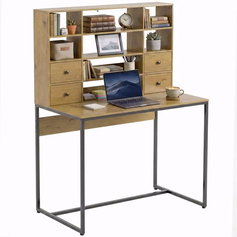 Scrivania - Scrivania per computer con 4 cassetti e ripiani - 105 x 60 x 142 cm - Struttura in metallo - Design moderno - Colore naturale