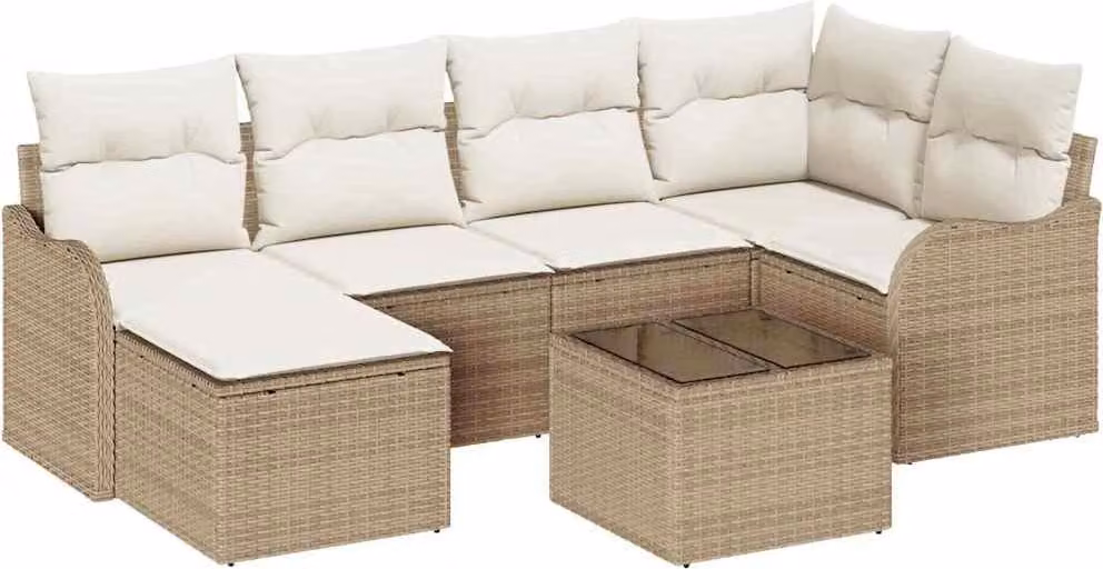 Set Divano da Giardino 7 pcs Beige e bianco Poly Rattan