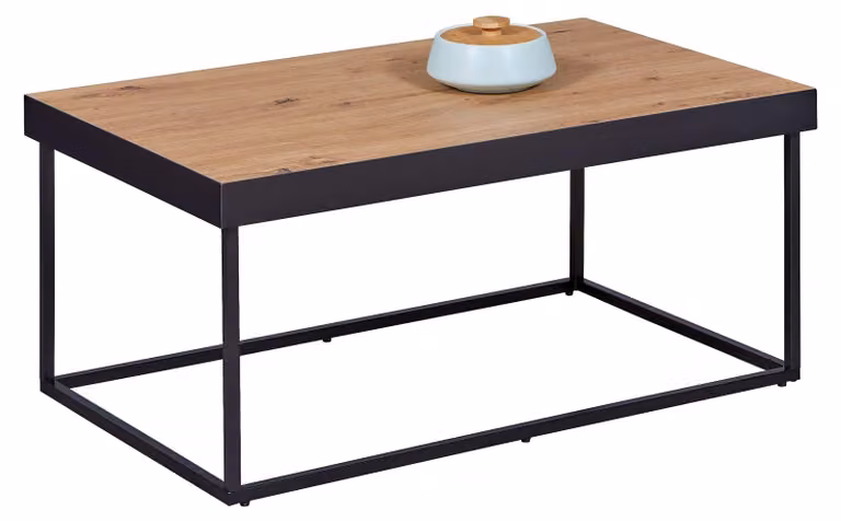 Omgoods - Tavolino da salotto moderno in metallo con decorazione in legno di quercia artigianale