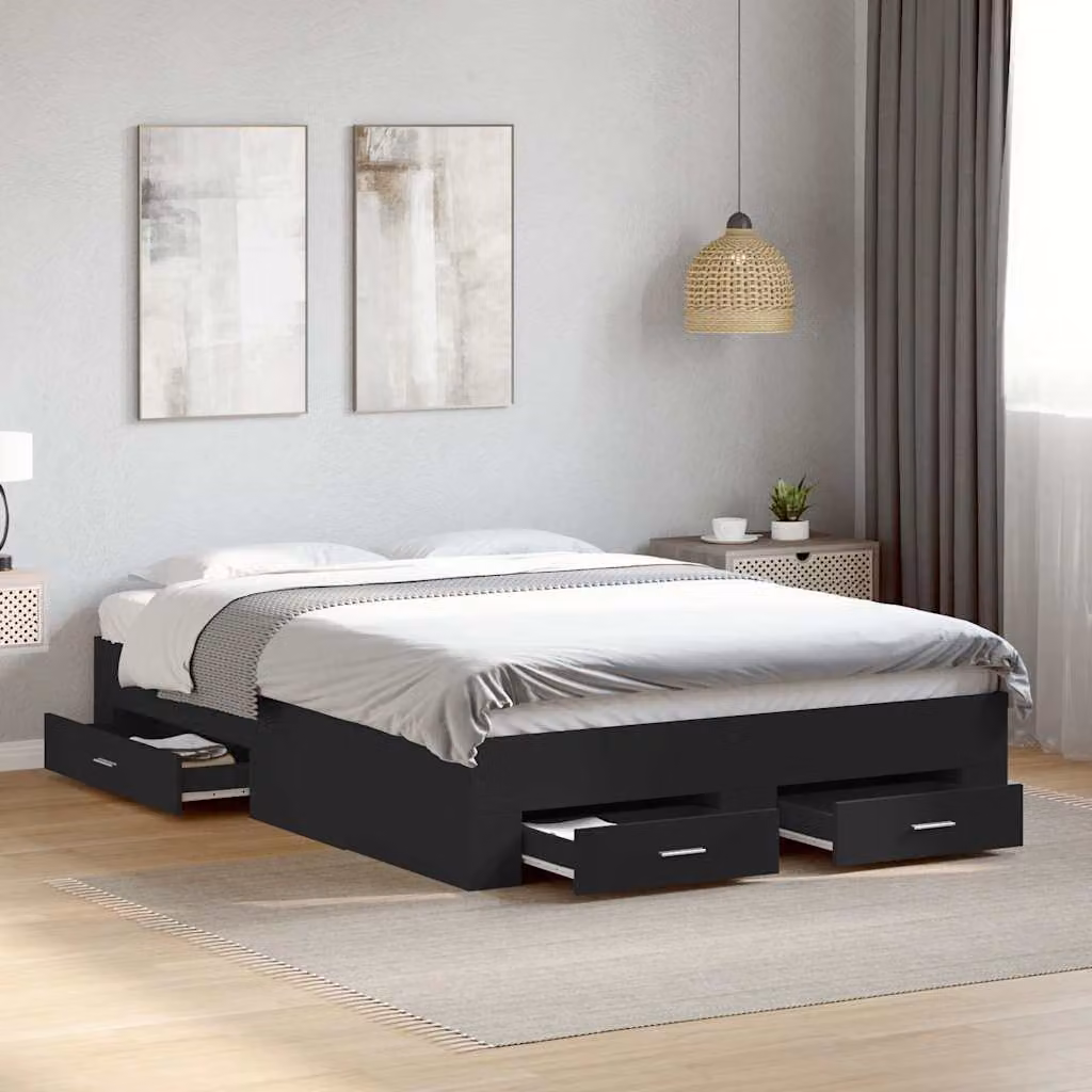 vidaXL Giroletto Moderno con Cassetti in Legno Multistrato Nero L: 138 cm, P: 193 cm, H: 32 cm – 1