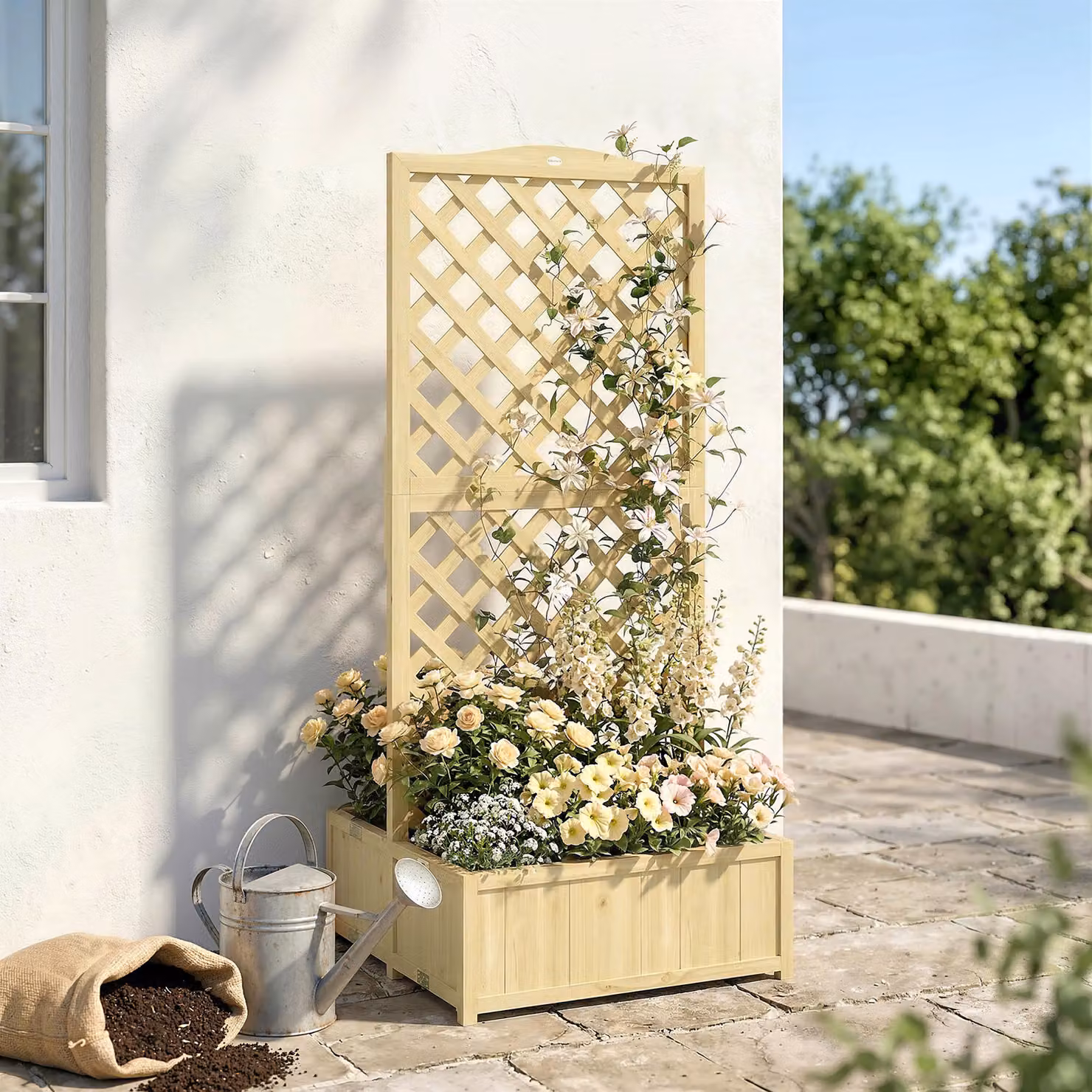 Fioriera con traliccio pieghevole per rampicanti Outsunny in legno naturale, L: 73 cm, P: 70 cm, H: 170 cm – 2
