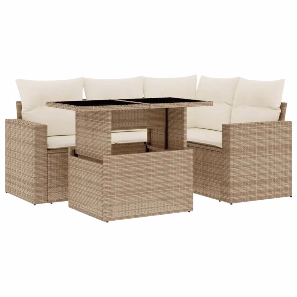 Set Divano da Giardino 5 pz con Cuscini Beige in Polyrattan