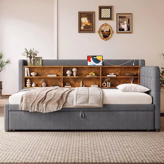 Divano letto 90-180x200cm?- Xylo - gigogne USB lino grigio