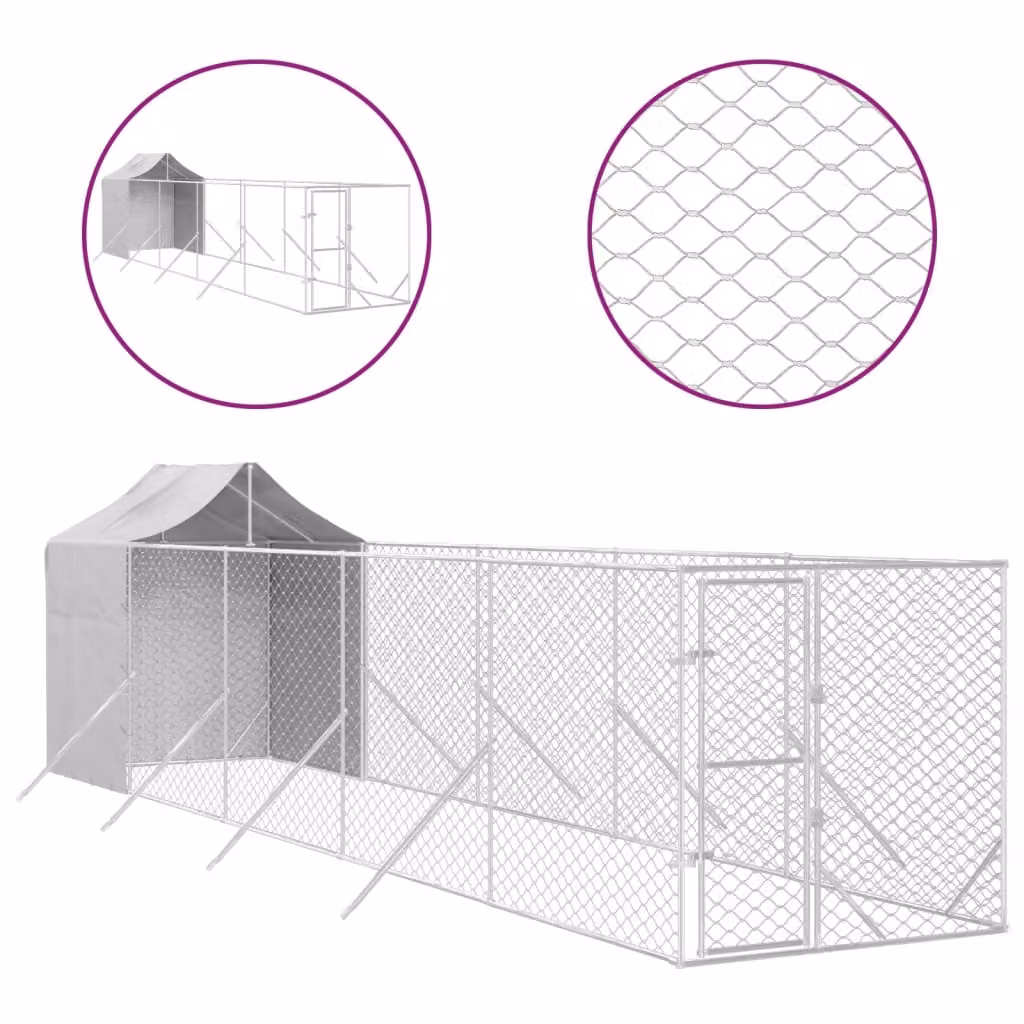 Cuccia Cani da Esterno Tetto Argento 2x10x2,5 m Acciaio Zincato