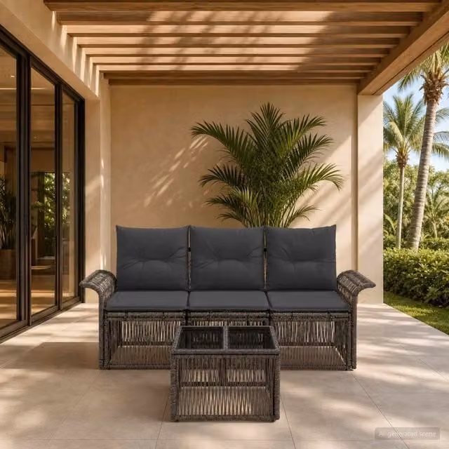 Set da giardino vidaXL composto da divano a 3 posti e tavolino da caffè in rattan grigio con struttura in acciaio e cuscini inclusi