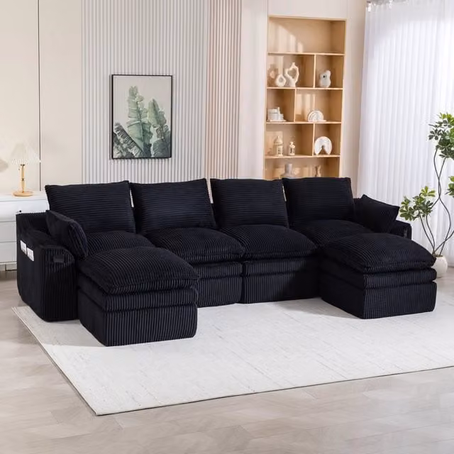 Divano modulare a L da 4 posti OKWISH in velluto a coste nero con cuscini, L: 335 cm, P: 167 cm, H: 85 cm