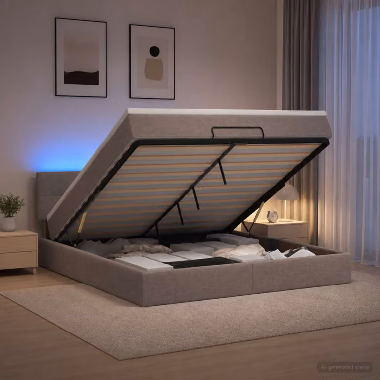 Letto Ottomano con Materasso e LED vidaXL, Colore Beige/Grigio, L/P/H: 140 x 200 x 44 cm
