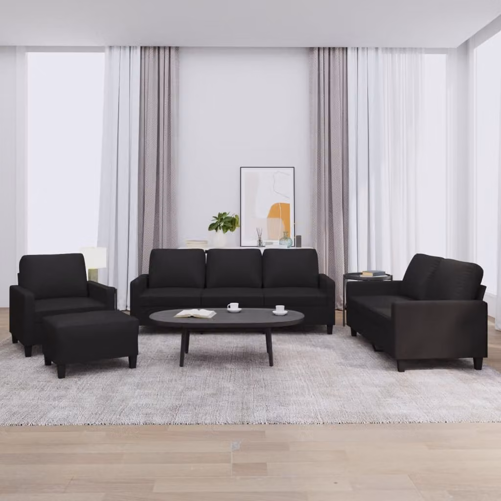 Set di divani 4 pezzi vidaXL in similpelle nera con cuscini e pouf per soggiorno moderno – 1