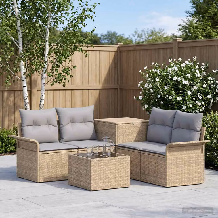 Set di divani da giardino vidaXL 6 pezzi a forma di L con tavolino, beige e grigio