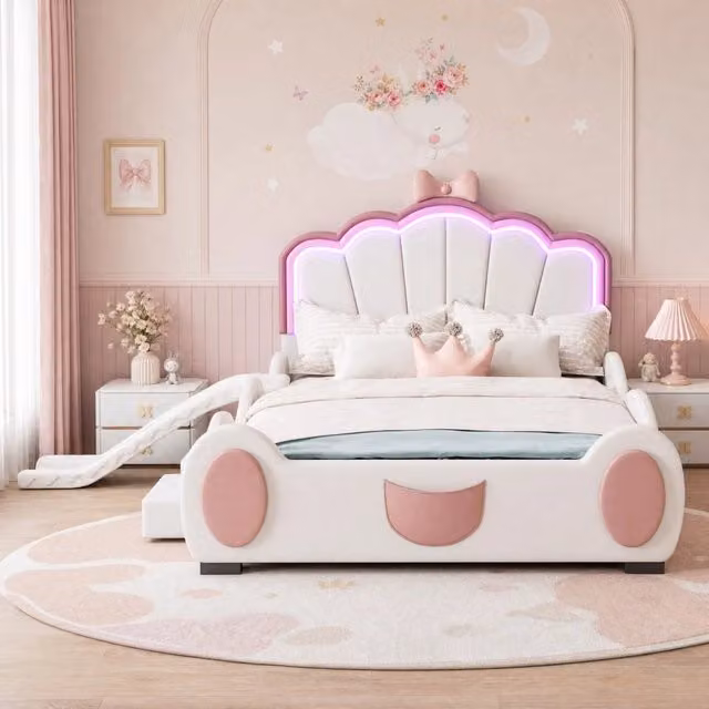 Letto per bambini a farfalla 140 x 200 cm con scivolo; scala e LED RGB; rosa e bianco