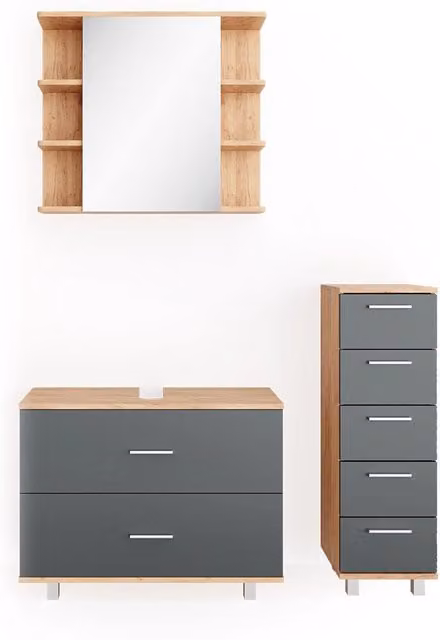 Set mobili bagno Ilias Antracite/Rovere dorato 3 pezzi Vicco