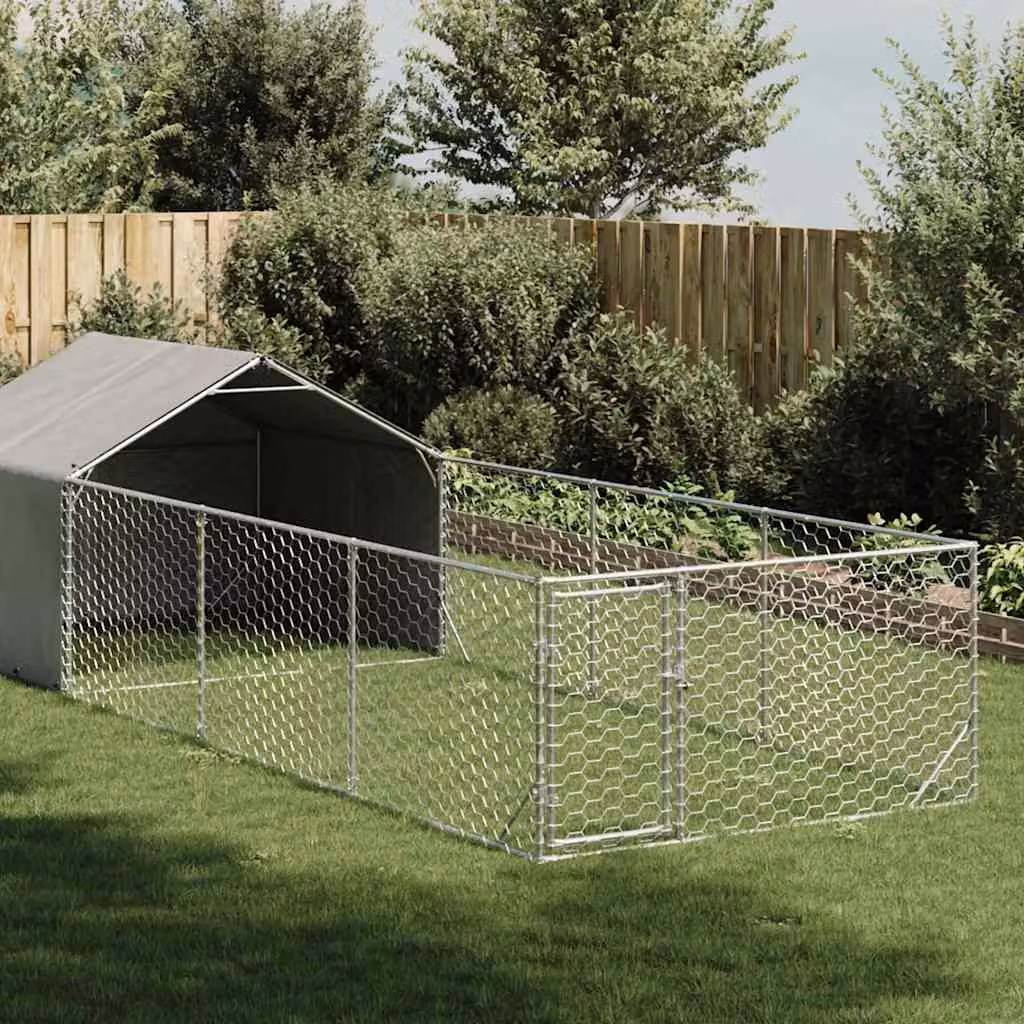 vidaXL Cuccia per Cani da Esterno con Recinto in Acciaio Zincato Grigio L: 6 m, P: 2 m, H: 1,5 m
