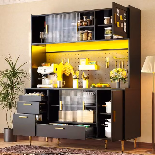 Buffet con LED, Ante Scorrevoli in Vetro e Lochwand ¨C MINIMAL ¨C Nero Lucido, 180cm