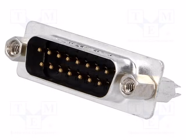 1 connettore D-Sub, maschio, diritto, con 15 pin; connettore a montaggio su circuito stampato, modello L717SDAH15POL2RM8. Connettore D-Sub