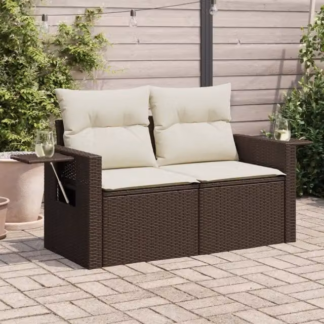 Divano da giardino a 2 posti vidaXL in polyrattan marrone e bianco con cuscini rimovibili – 1