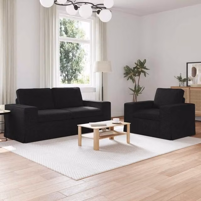 Set di 2 divani ad angolo vidaXL in tessuto nero con struttura in metallo per soggiorno e camera da letto – 1