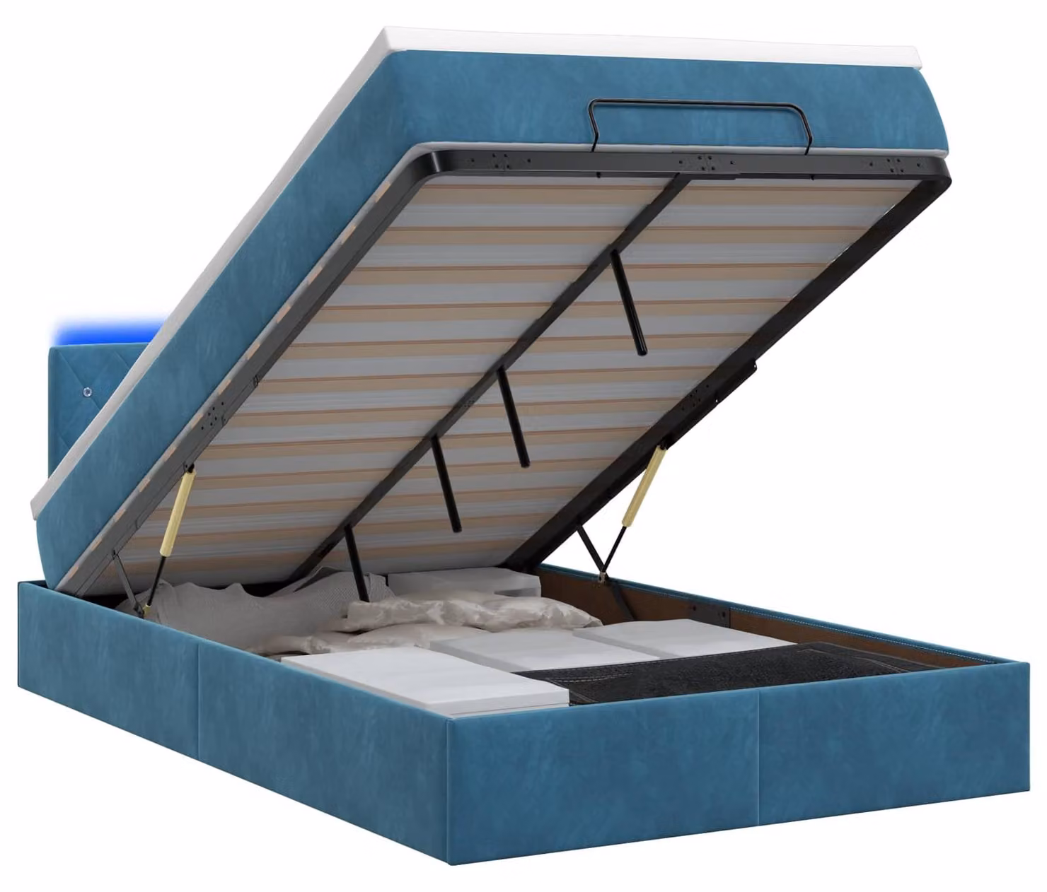 Panca contenitore con materasso e luci LED, colore blu scuro, 120 x 190 cm, rivestita in velluto