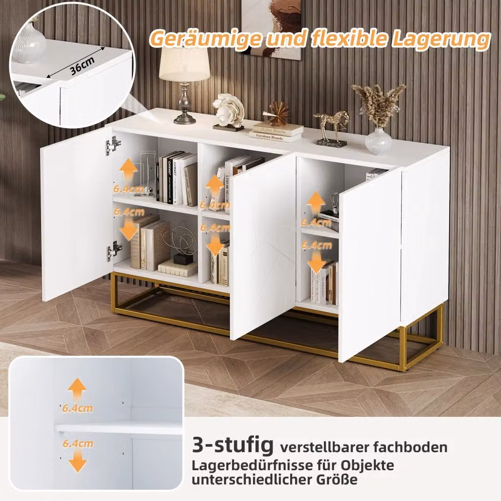 Sideboard moderno REDOM bianco e oro con finitura lucida e dettagli a righe per soggiorno o sala da pranzo, L: 130 cm – 2