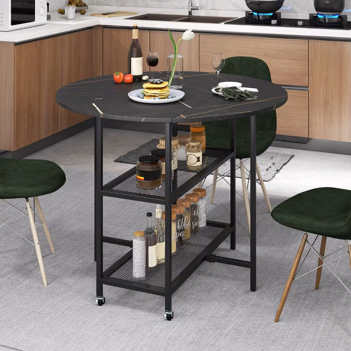 Tavolo da pranzo pieghevole Costway con piano a ribalta e mensole, moderno, nero