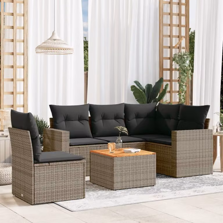 vidaXL Set Divano da Giardino a L in Polyrattan Grigio con 6 Cuscini Imbottiti e Tavolino