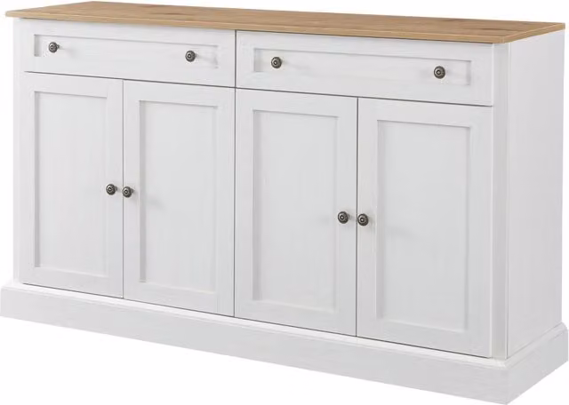 Sideboard con 4 Ante e 2 Cassetti, 150x40x86 cm, Bianco Antico con Piano in Legno Naturale