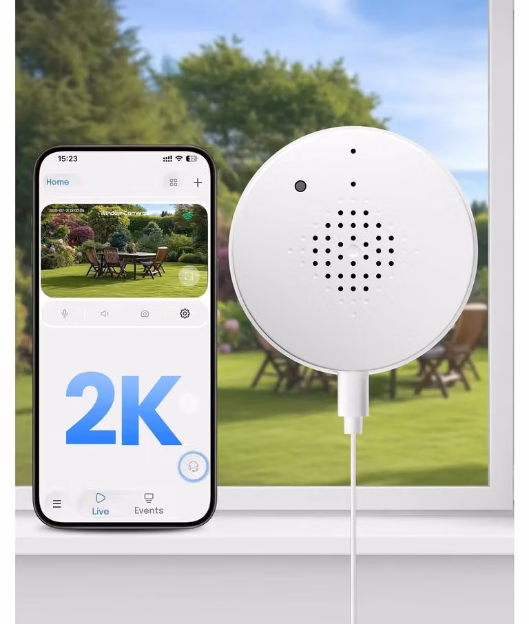 Telecamera per finestra per interni - Telecamera di sicurezza 2K 3MP - Wi-Fi 6 - Visione notturna a colori - Rilevamento IA - Magnetica