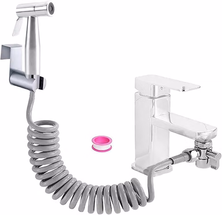 Set doccia per bidet, in acciaio inossidabile, colore argento, completo di supporto per rubinetteria e tubo flessibile a spirale, per l'igiene personale